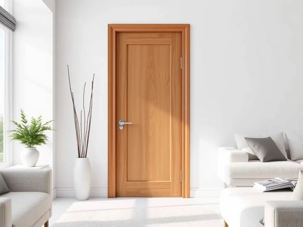 A brightly lit, modern living room featuring a Euroluxdoors interior door with a sleek, minimalist design. The door is made of high-quality wood with a smooth, pre-finished surface, showcasing European craftsmanship.