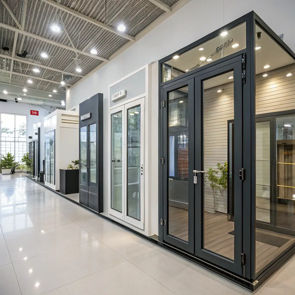 Modern European-style glass doors displayed in a contemporary interior door showroom
