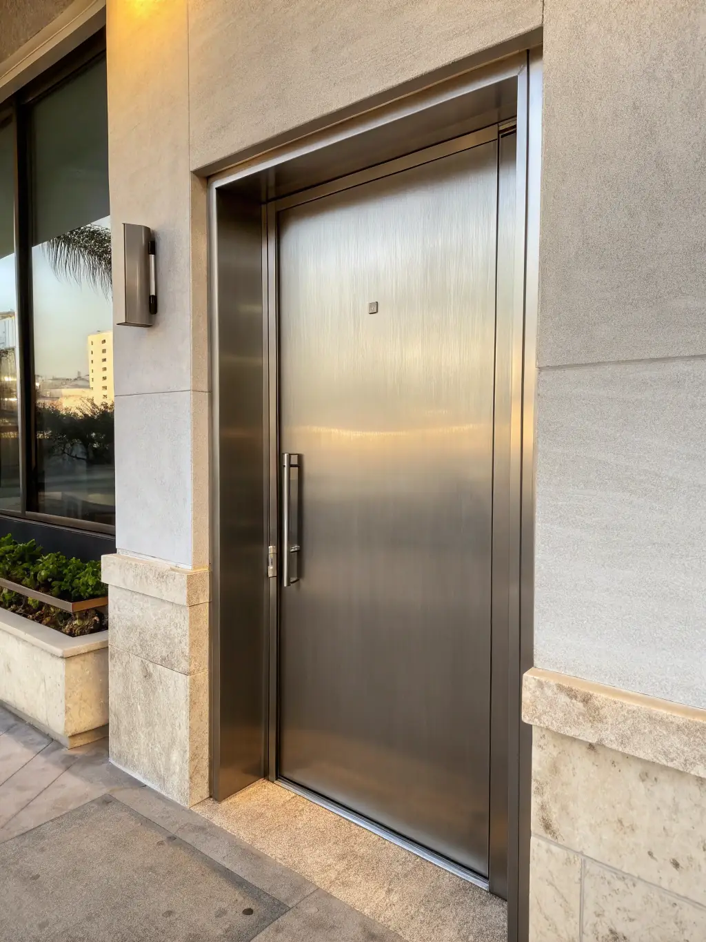 A high-resolution image of a custom-designed interior door with unique wood grain and a bespoke handle, installed in a modern office space.
