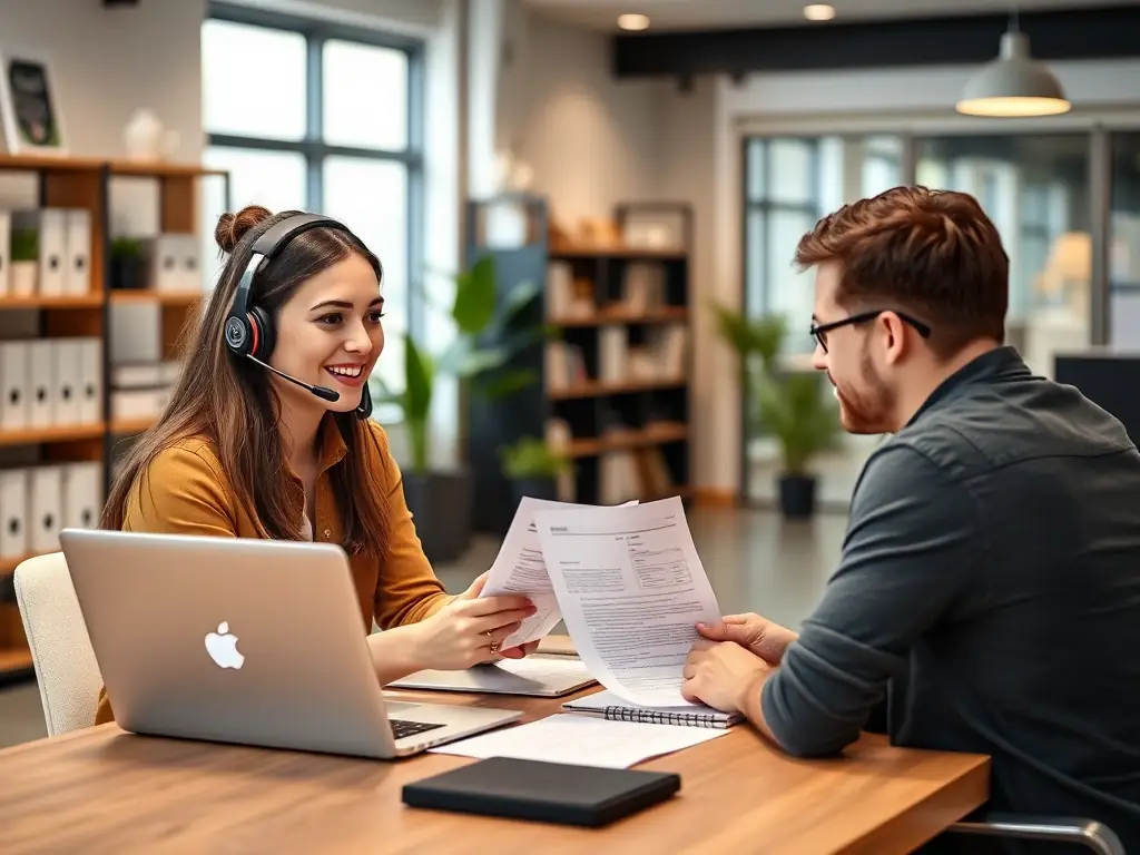 A dedicated support team member assisting an interior designer with door specifications and technical details, emphasizing the personalized service offered.