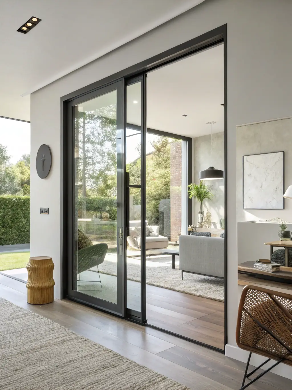 A high-resolution image showcasing a modern, frameless interior door with a sleek, minimalist handle in a brightly lit, contemporary apartment setting.