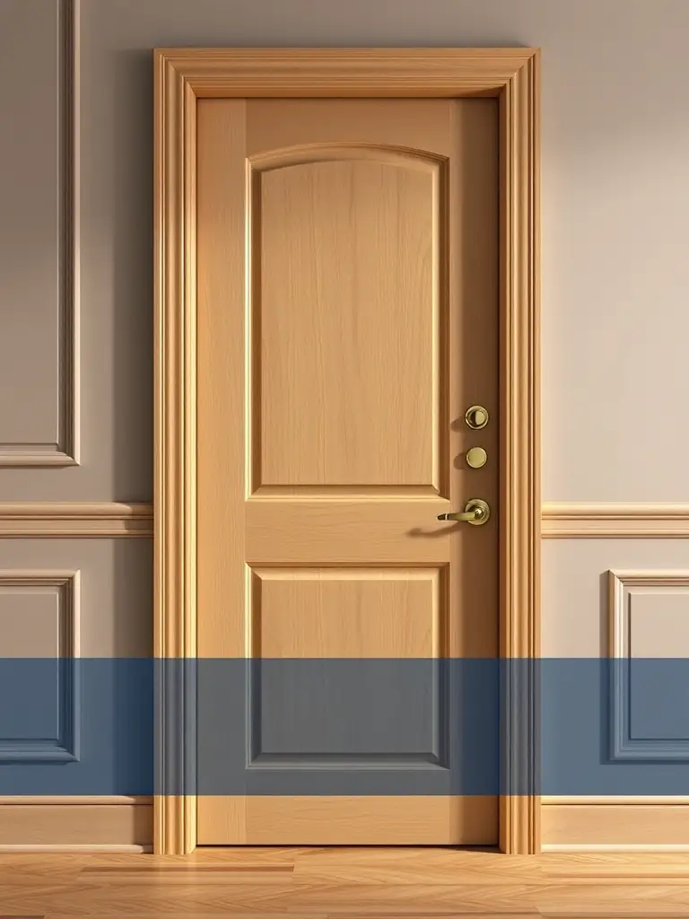 A high-resolution image of a pre-finished white interior door with a simple, modern design, installed in a minimalist bedroom setting.