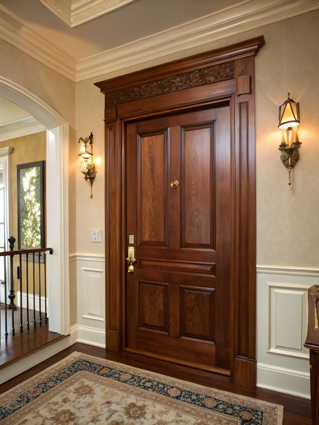 A high-resolution image of a classic, paneled interior door with traditional hardware, set in a traditionally styled living room with warm lighting.